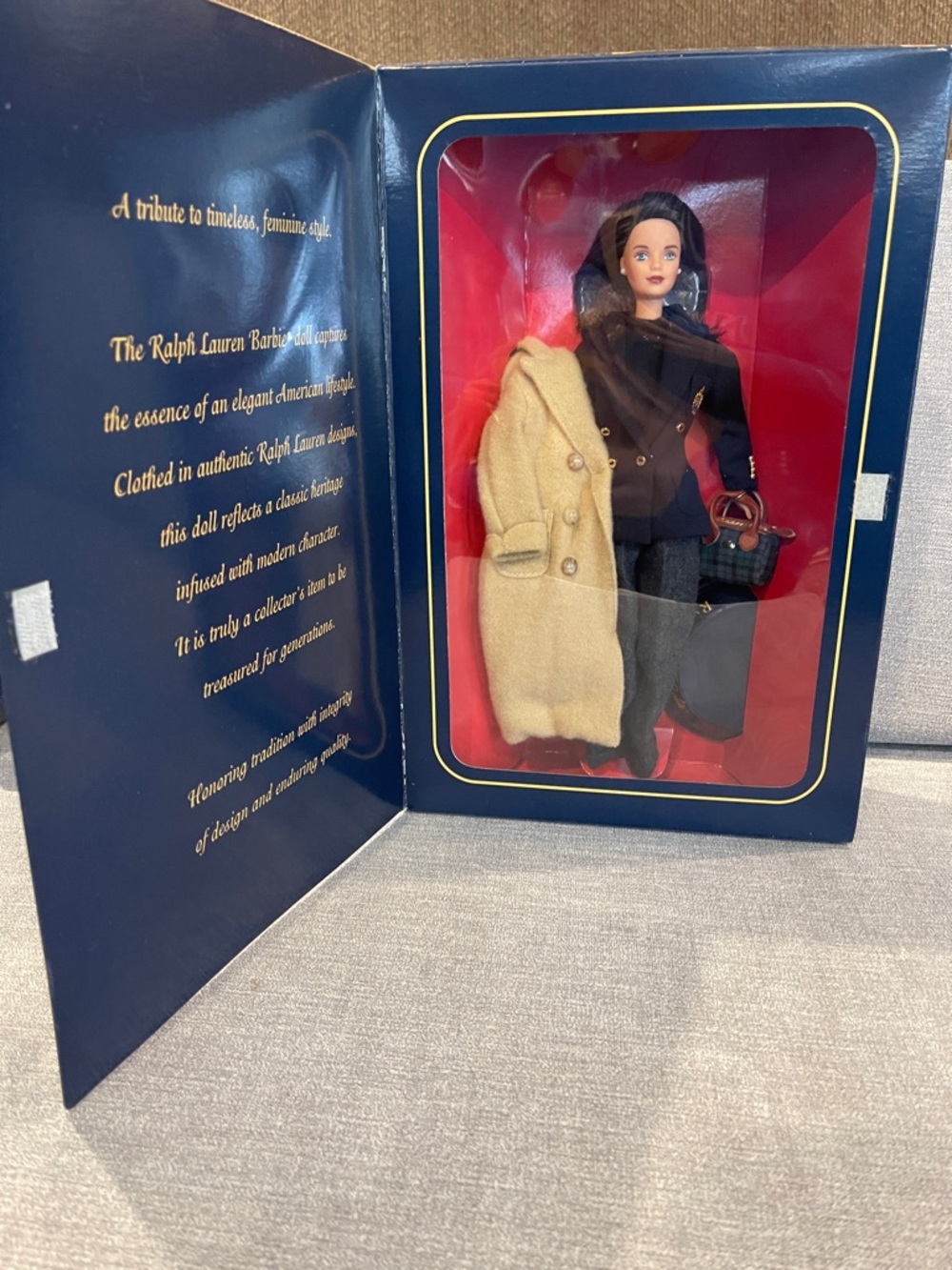 Ralph Lauren Navy Double-Breasted Blazer with Cream Coat & Plaid Handbag Barbie